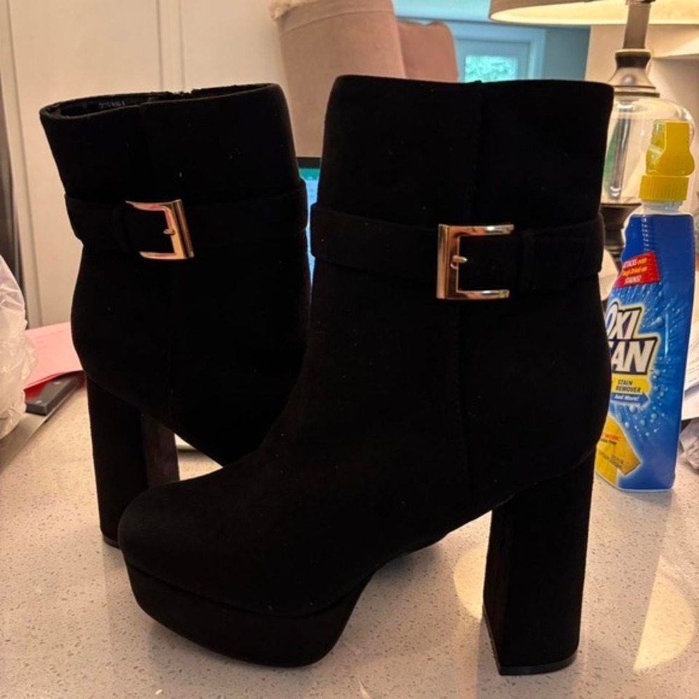 MIA - Black faux suede platform‎ boots with gold buckles- SIZE 10